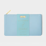 Light blue pouch with gold zipper on a light gray background