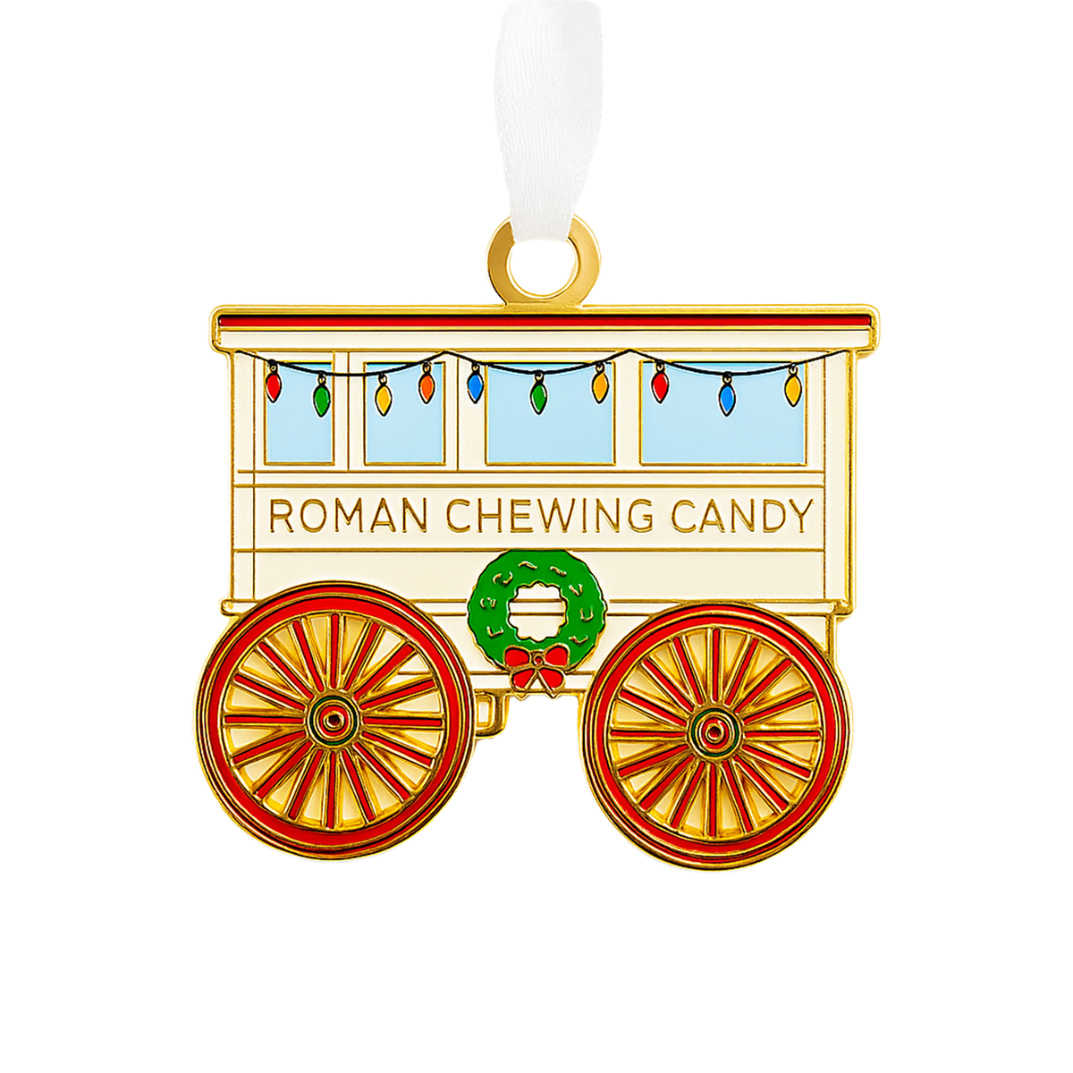 Gold and enamel Roman Chewing Candy cart ornament with red wheels, string lights and a wreath