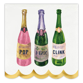 Scalloped cocktail napkin with Pop, Fizz and Clink champagne bottles