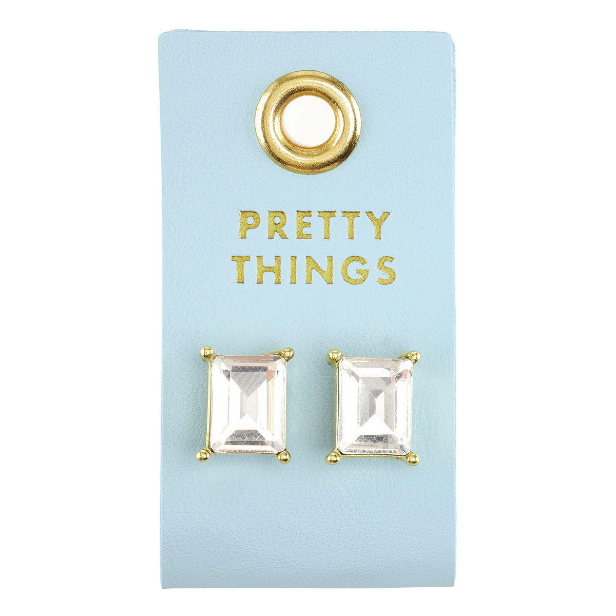 Rectangle crystal stud earrings on a light blue Pretty Things card