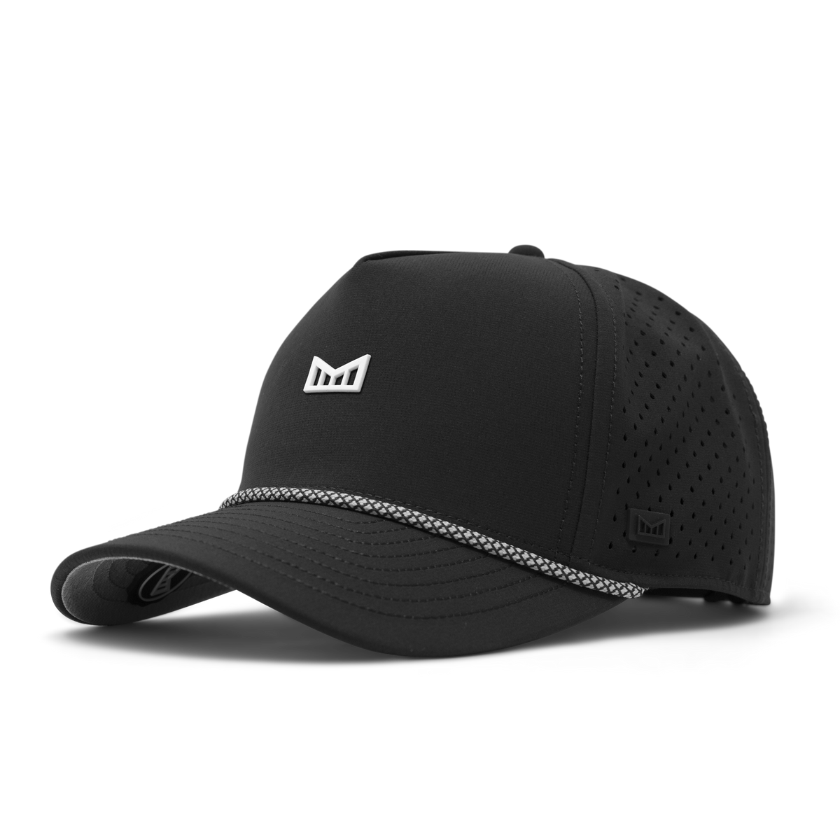 Black performance cap with a white logo, a black and white rope across the brim and a perforated crown