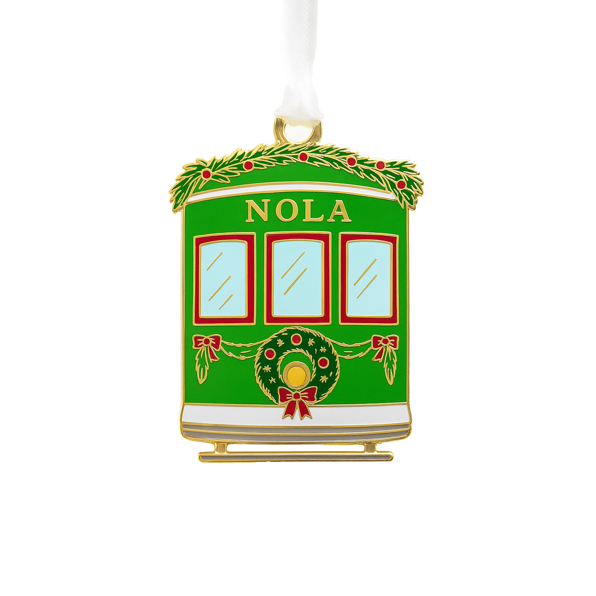 Gold and enamel green NOLA streetcar ornament with a holiday wreath and garland on a white ribbon
