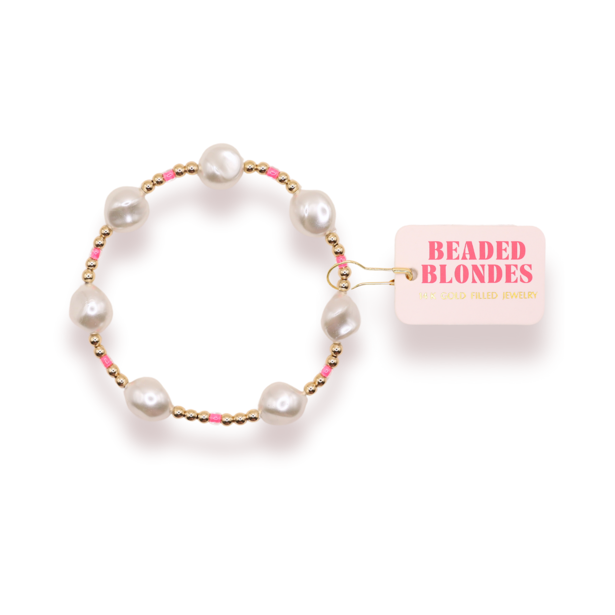 Pearl bracelet with gold and pink accents on a white background, featuring the brand 'Beaded Blondes'.