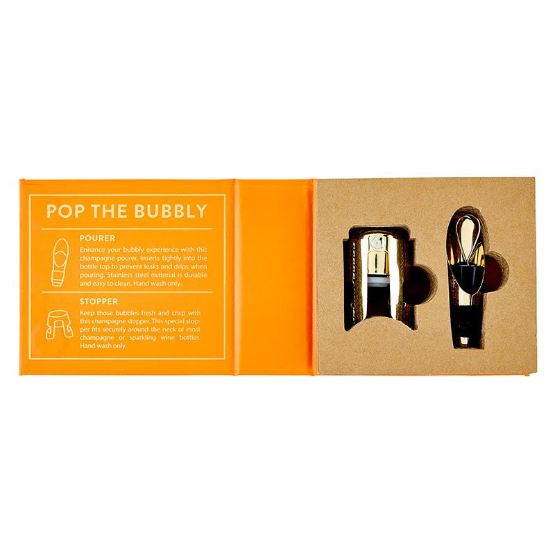 Open But First Prosecco box with a champagne stopper and pourer