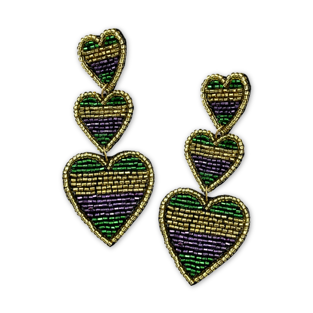 Heart-shaped beaded earrings with green, purple and gold design on a white background