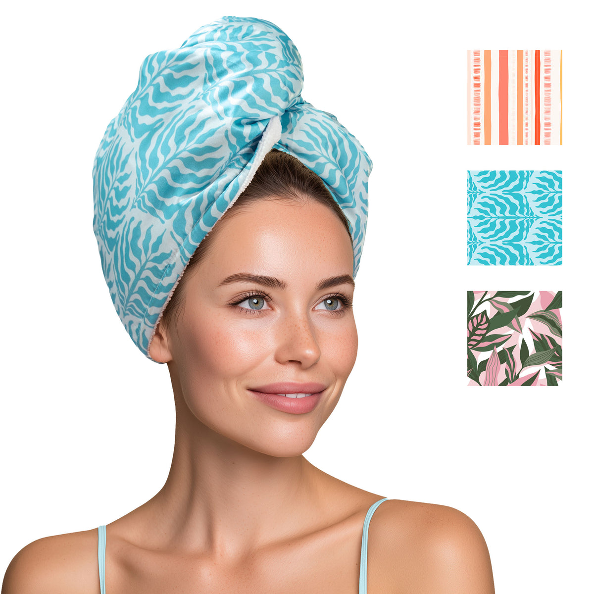 Smiling woman wearing an aqua leaf print hair towel wrap, with coral stripe, aqua and tropical swatches