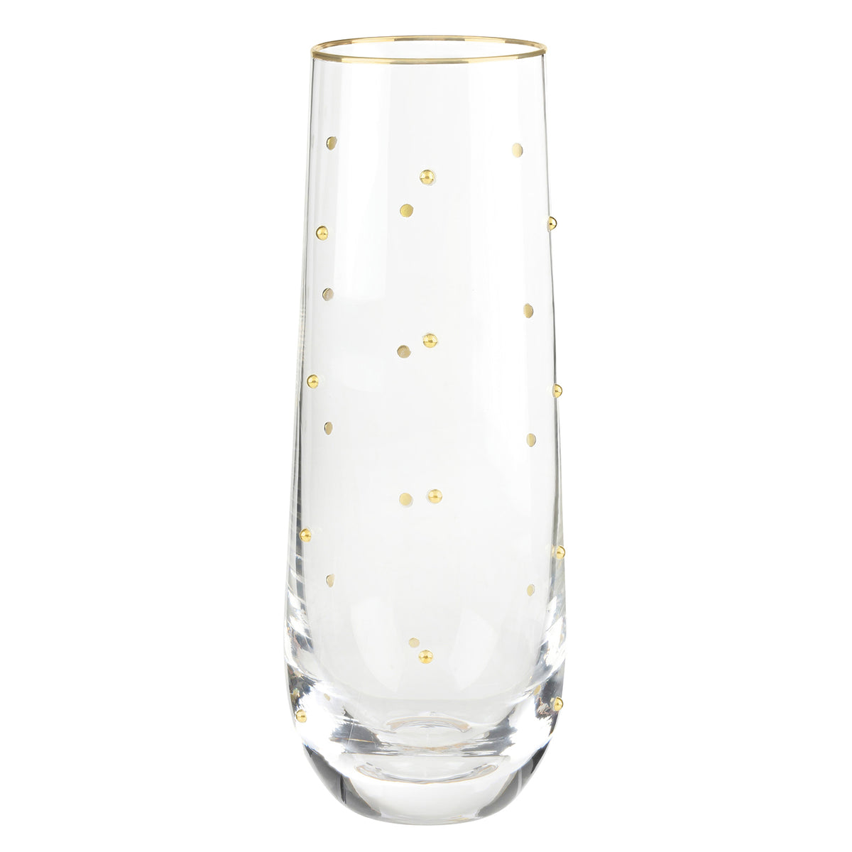 Stemless champagne flute with a gold rim and raised gold dots