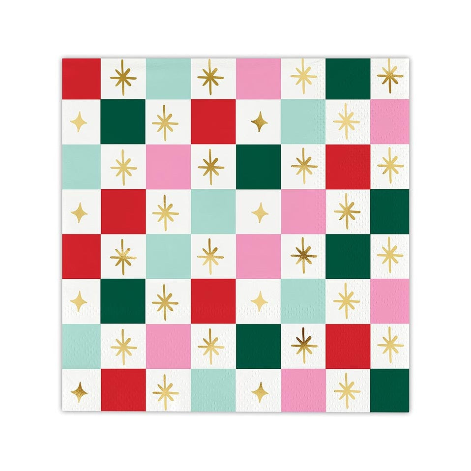 Checkerboard cocktail napkin in red, pink, mint and green with gold stars