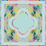 Square scarf with a central quatrefoil shape and a multicolored abstract brushstroke pattern