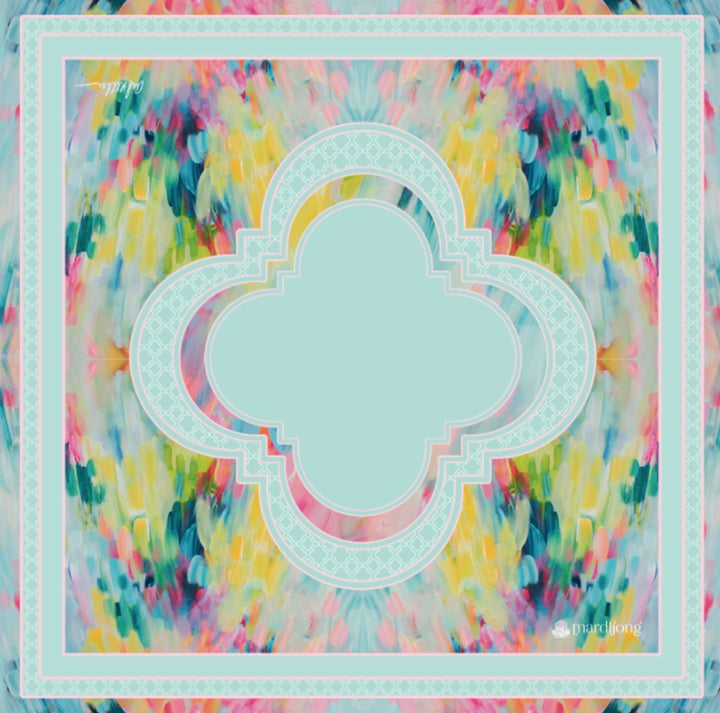 Square scarf with a central quatrefoil shape and a multicolored abstract brushstroke pattern