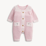 Fuzzy pink and white striped knit baby romper with wooden buttons and lamb patch pockets