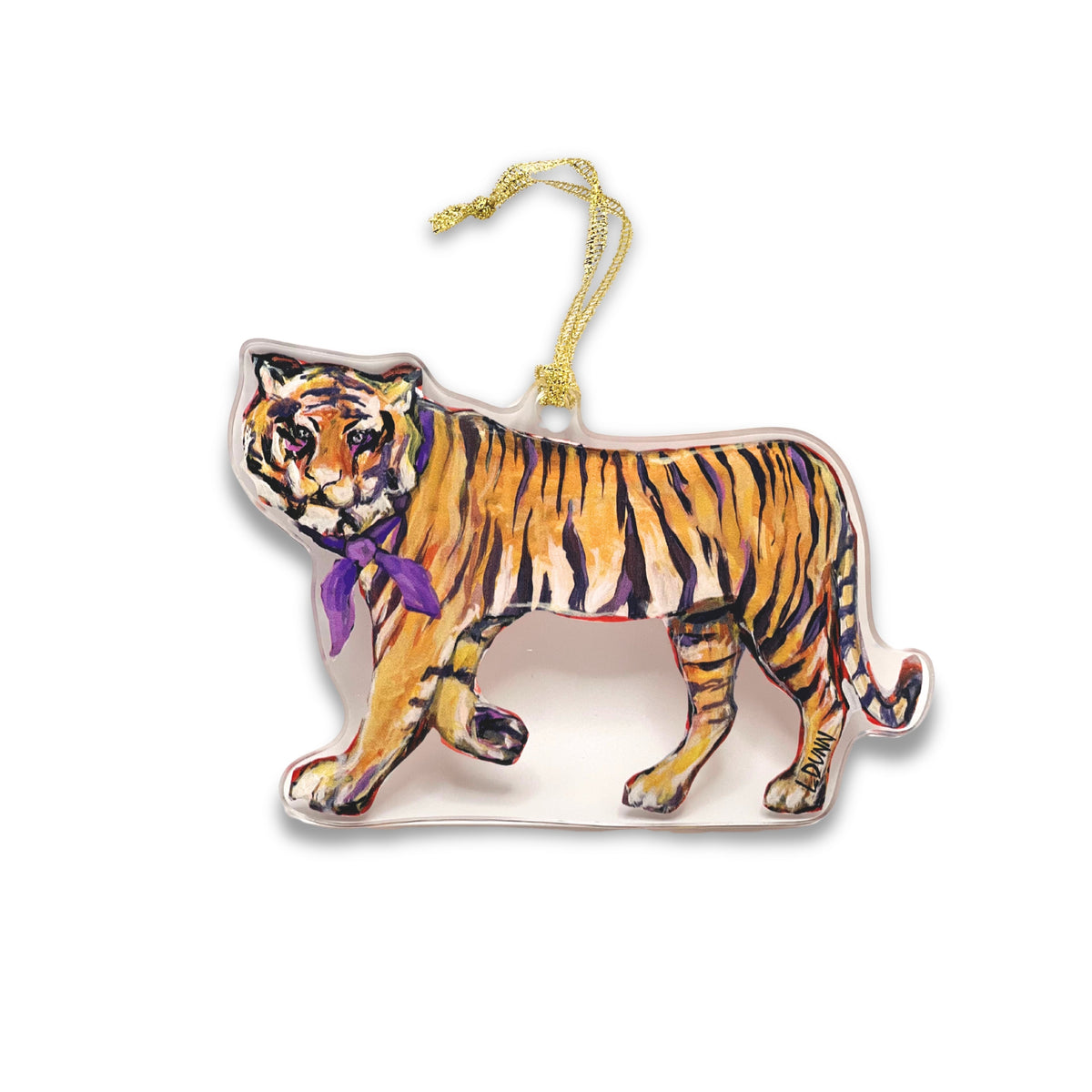Acrylic ornament of a painted tiger wearing a purple bandana, on a gold cord