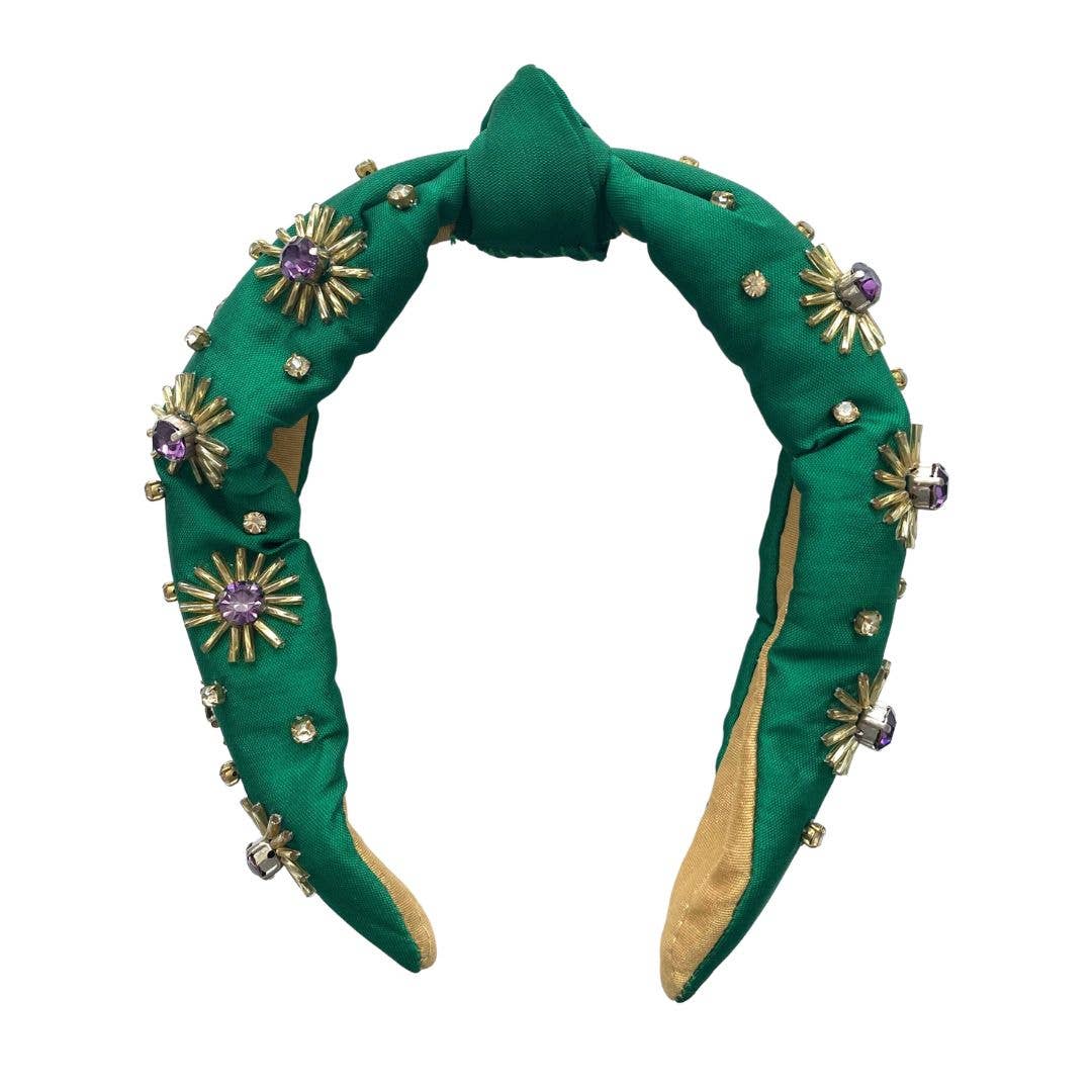 Green Headband w/ Purple & Gold Rhinestone Beaded Flowers
