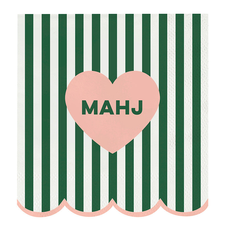 Green and white striped cocktail napkin with a pink Mahj heart