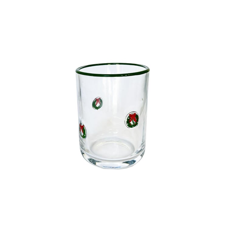 Clear glass tumbler with small wreaths and a green rim