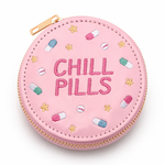 Round pink zippered pouch with embroidered Chill Pills text and pill and star motifs