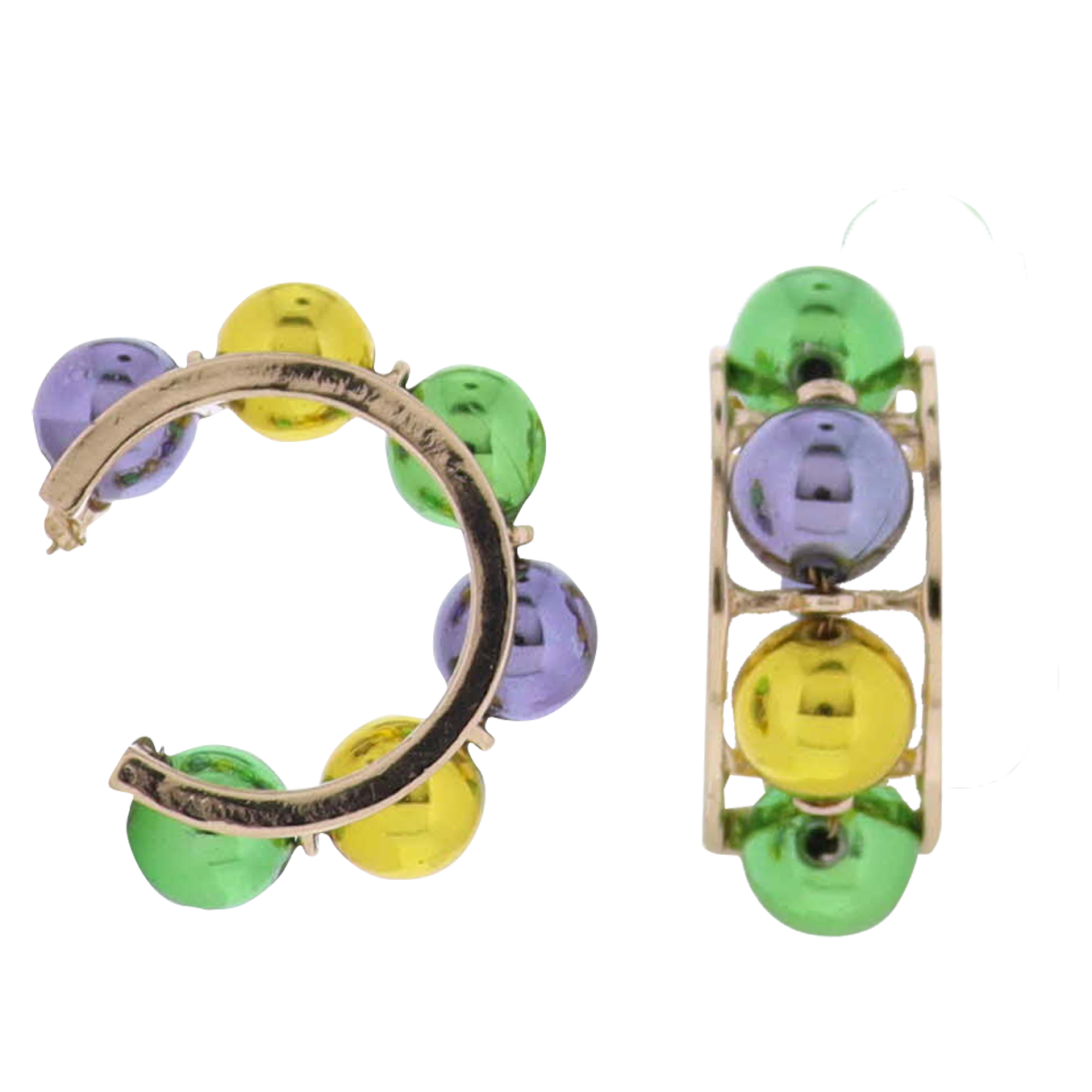 Beaded Purple, Gold, Green Ball Hoop Earrings