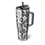 Tall BrüMate tumbler in silver and gray metallic leopard print with gray handle, lid and straw