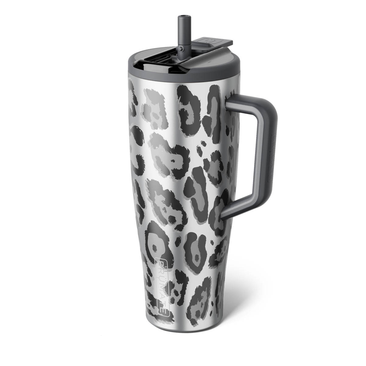 Tall BrüMate tumbler in silver and gray metallic leopard print with gray handle, lid and straw