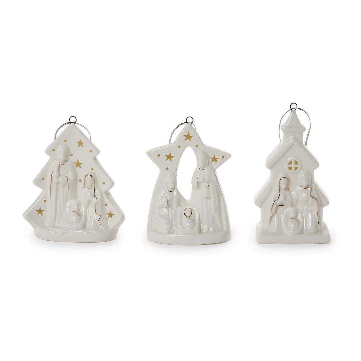 White porcelain light-up nativity ornaments in tree, star and chapel shapes