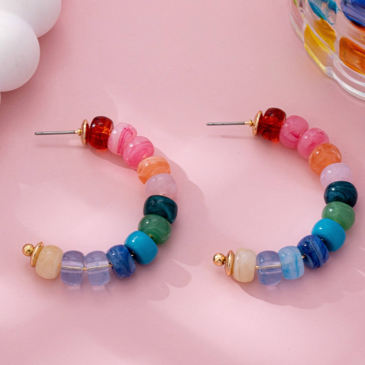 Multi Rainbow Beaded Hoop Earrings