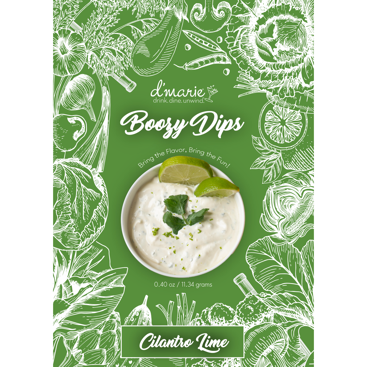 Product packaging for 'Boozy Dips' with a focus on cilantro lime flavor, featuring a green background with white illustrations of ingredients.