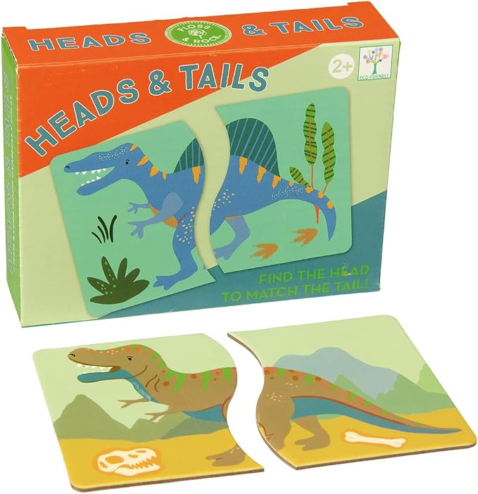 Heads and Tails dinosaur matching card game box with sample cards