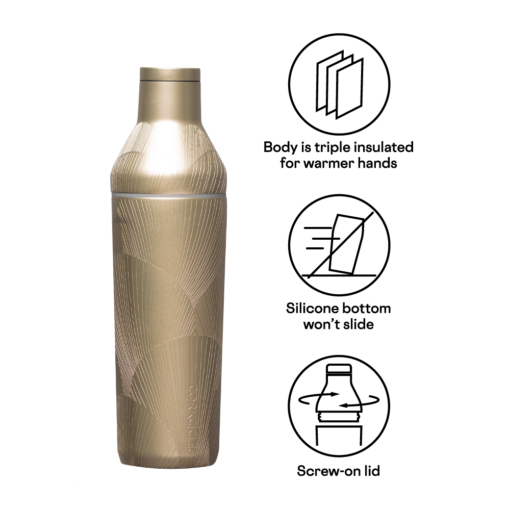 Gold insulated bottle with features listed on a white background