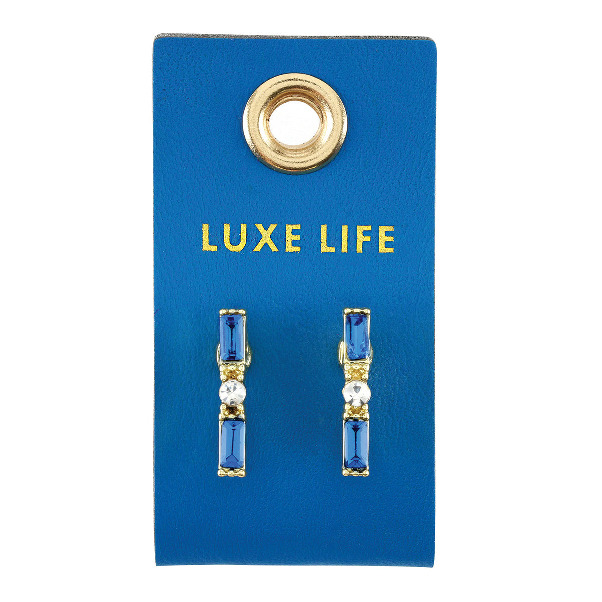 Blue baguette crystal bar earrings on a Luxe Life card