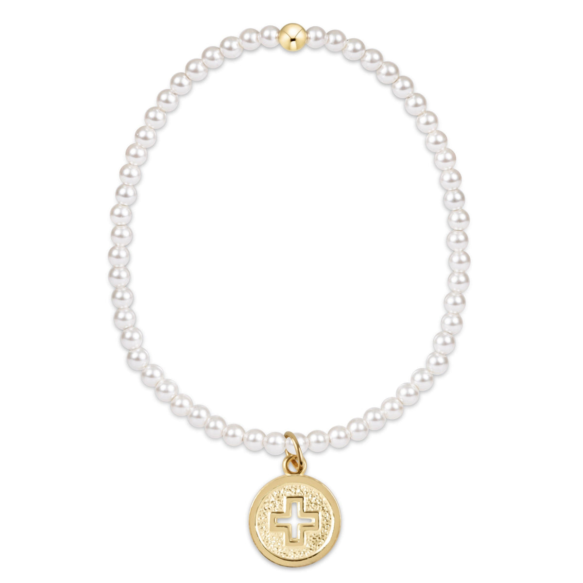 Classic Pearl 3mm Bead Bracelet Signature Cross Gold Disc