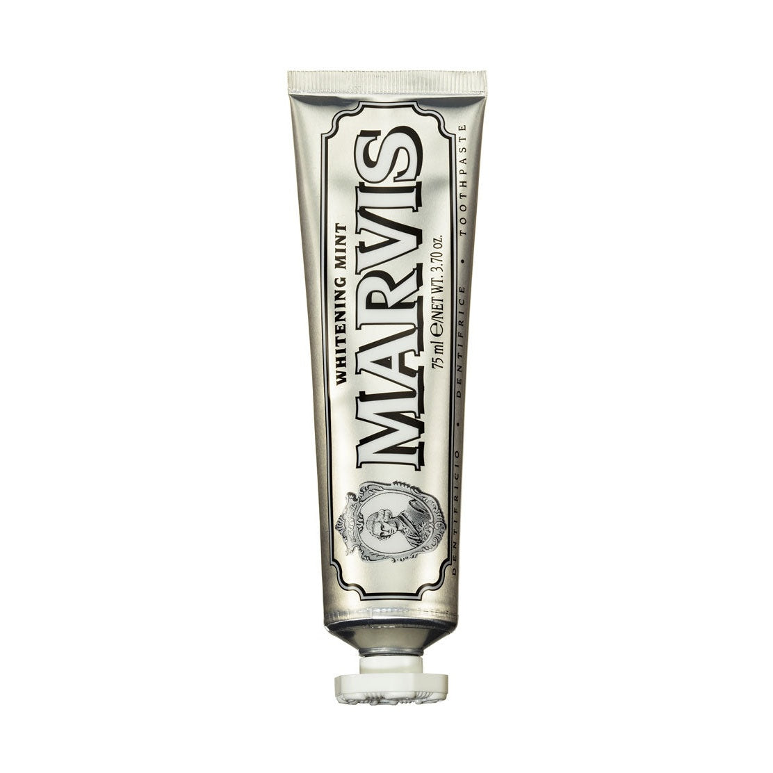 Marvis Whitening Mint toothpaste tube on a white background