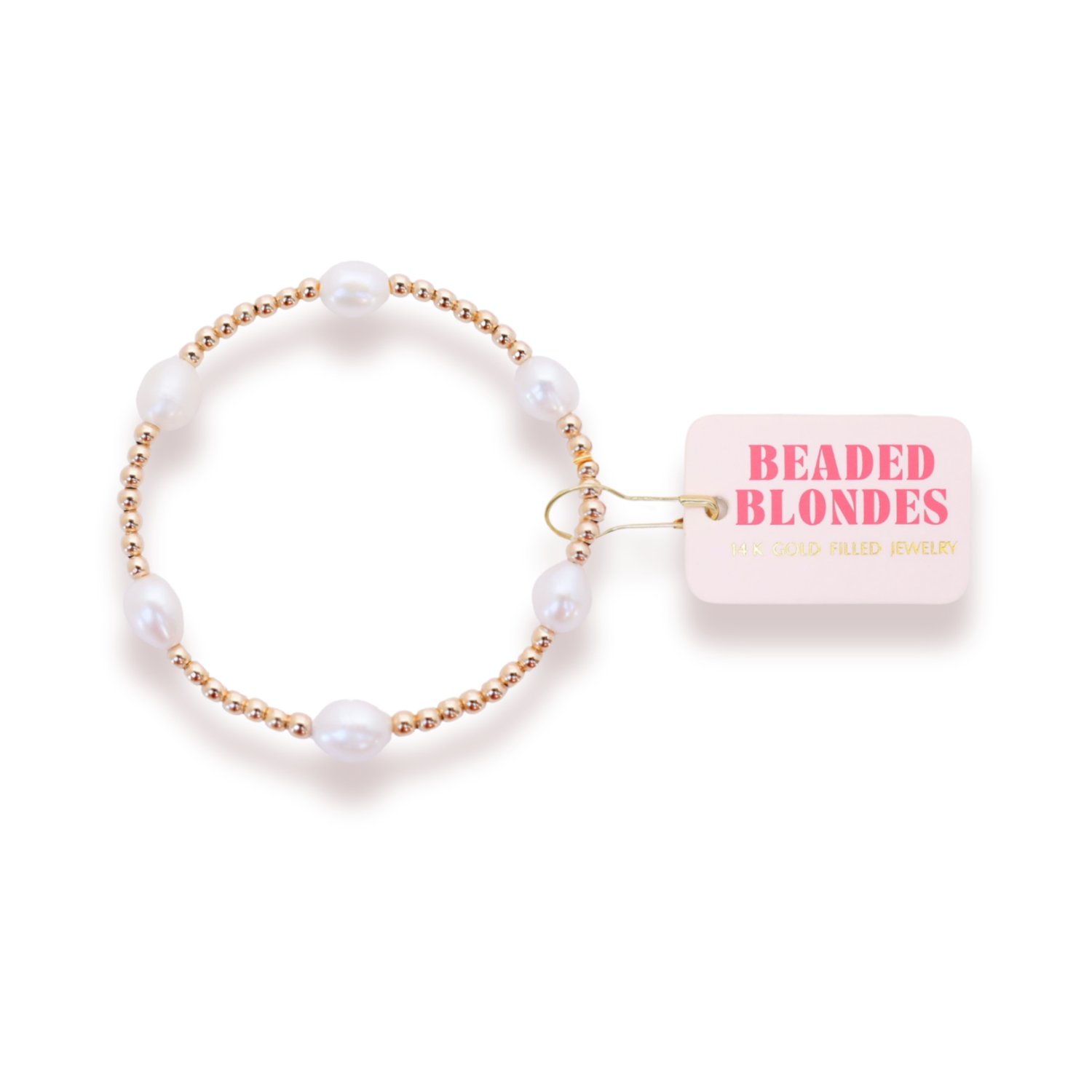 Pearl bracelet with gold accents and a 'Beaded Blondes' box on a white background