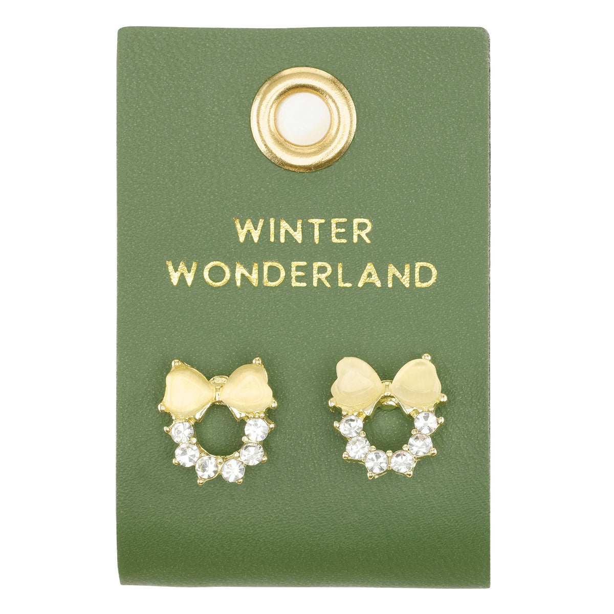Gold wreath stud earrings with crystals and cream bows on a green card reading "Winter Wonderland"