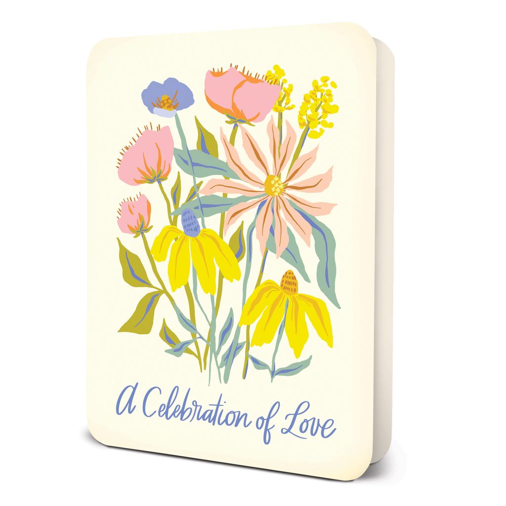 Greeting card with floral illustration and text A Celebration of Love