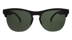 Product photograph of black matte flat-top browline sunglasses featuring dark green semi-rimless lenses and prominent temples