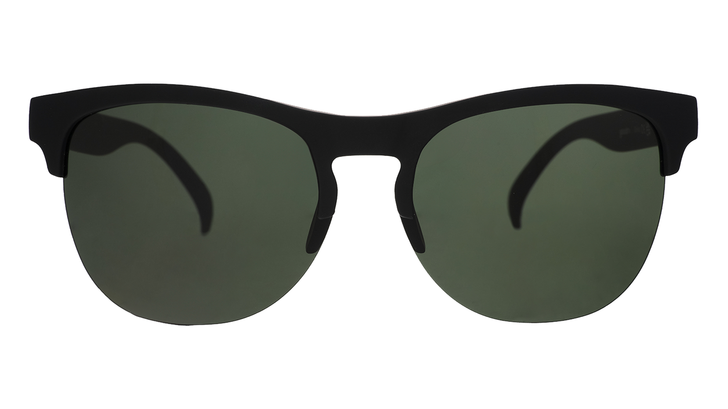 Product photograph of black matte flat-top browline sunglasses featuring dark green semi-rimless lenses and prominent temples