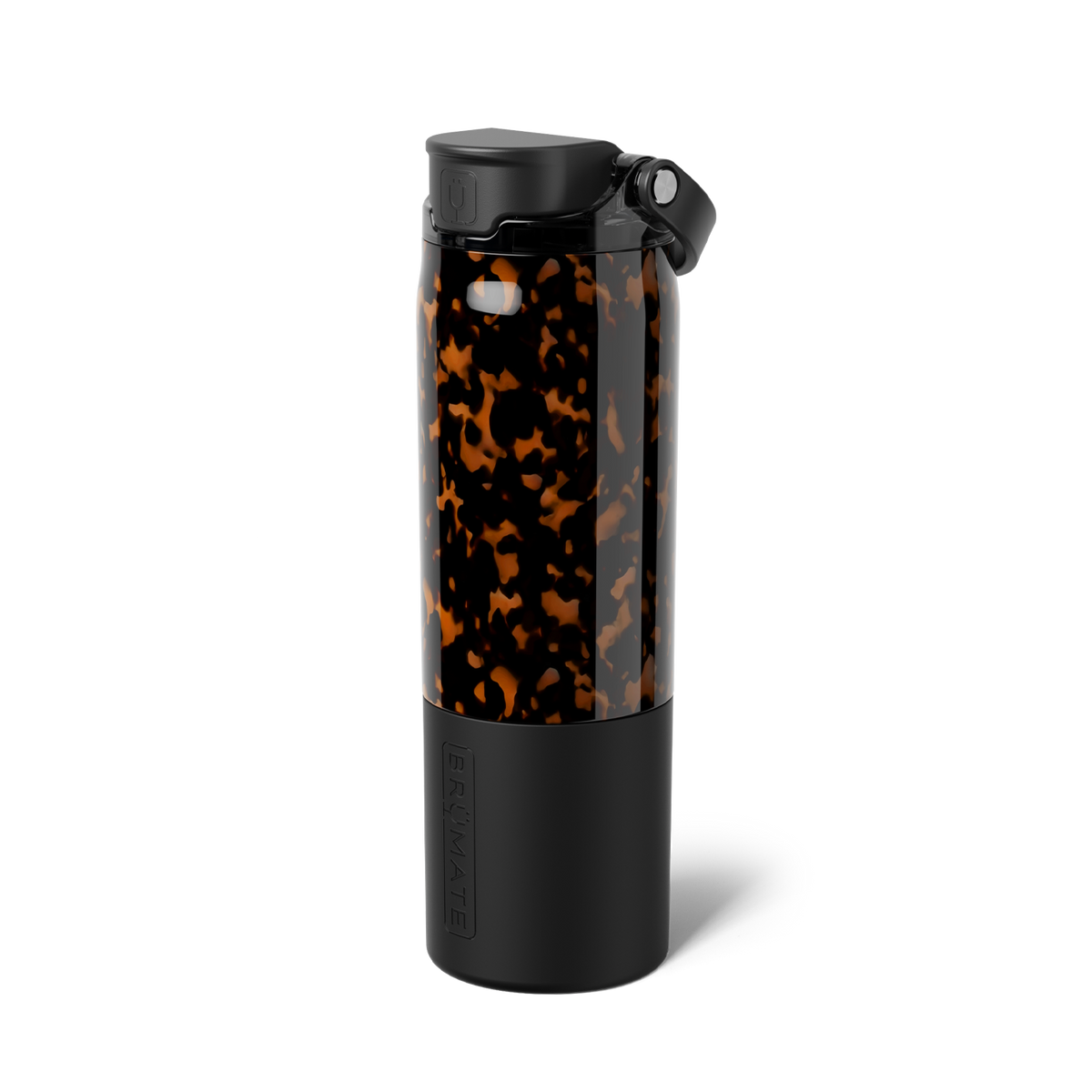 Tortoiseshell BrüMate insulated bottle with a black lid and base