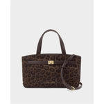 Vegan leather handbag by Katie Loxton featuring a dark brown leopard print subject on a neutral background with the iconic gold-stamped brand logo, a textured animal-print finish, and a central gold-tone turn-lock clasp