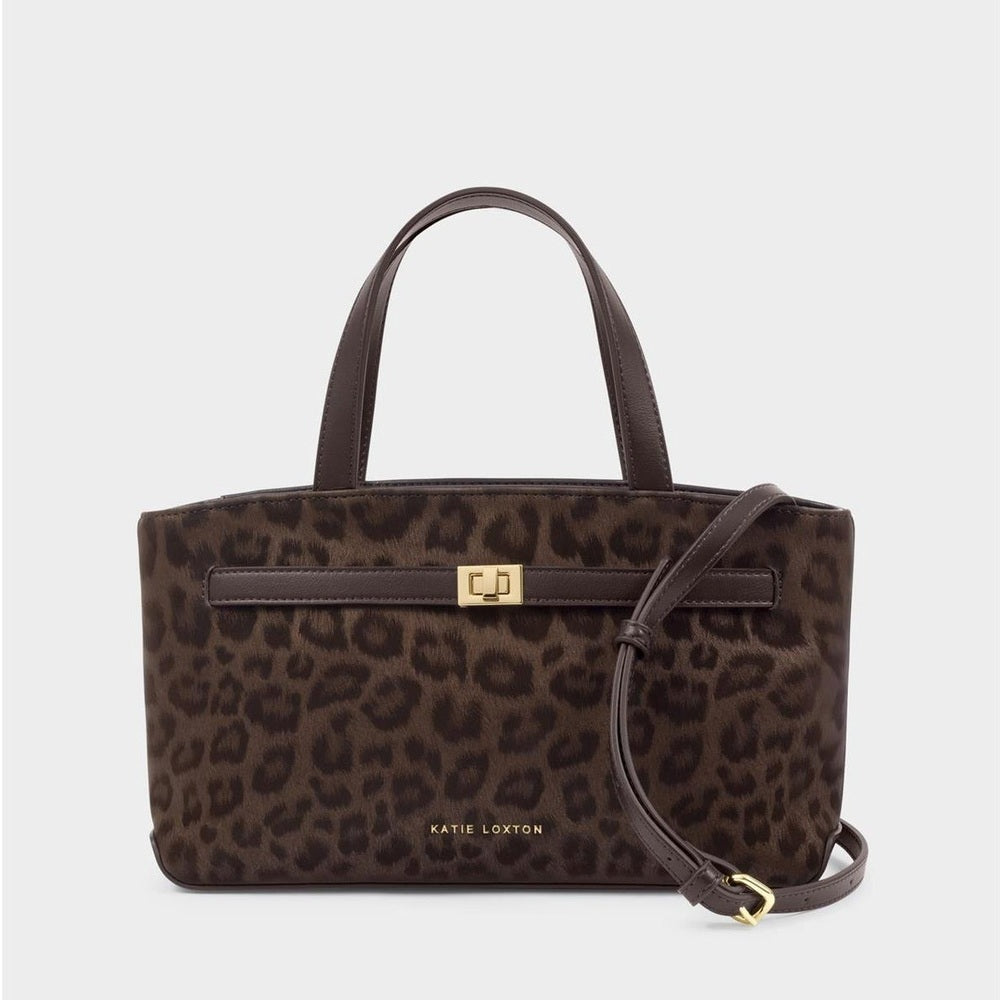 Vegan leather handbag by Katie Loxton featuring a dark brown leopard print subject on a neutral background with the iconic gold-stamped brand logo, a textured animal-print finish, and a central gold-tone turn-lock clasp