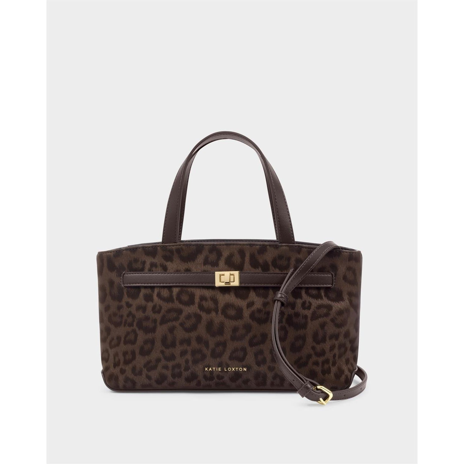 Vegan leather handbag by Katie Loxton featuring a dark brown leopard print subject on a neutral background with the iconic gold-stamped brand logo, a textured animal-print finish, and a central gold-tone turn-lock clasp