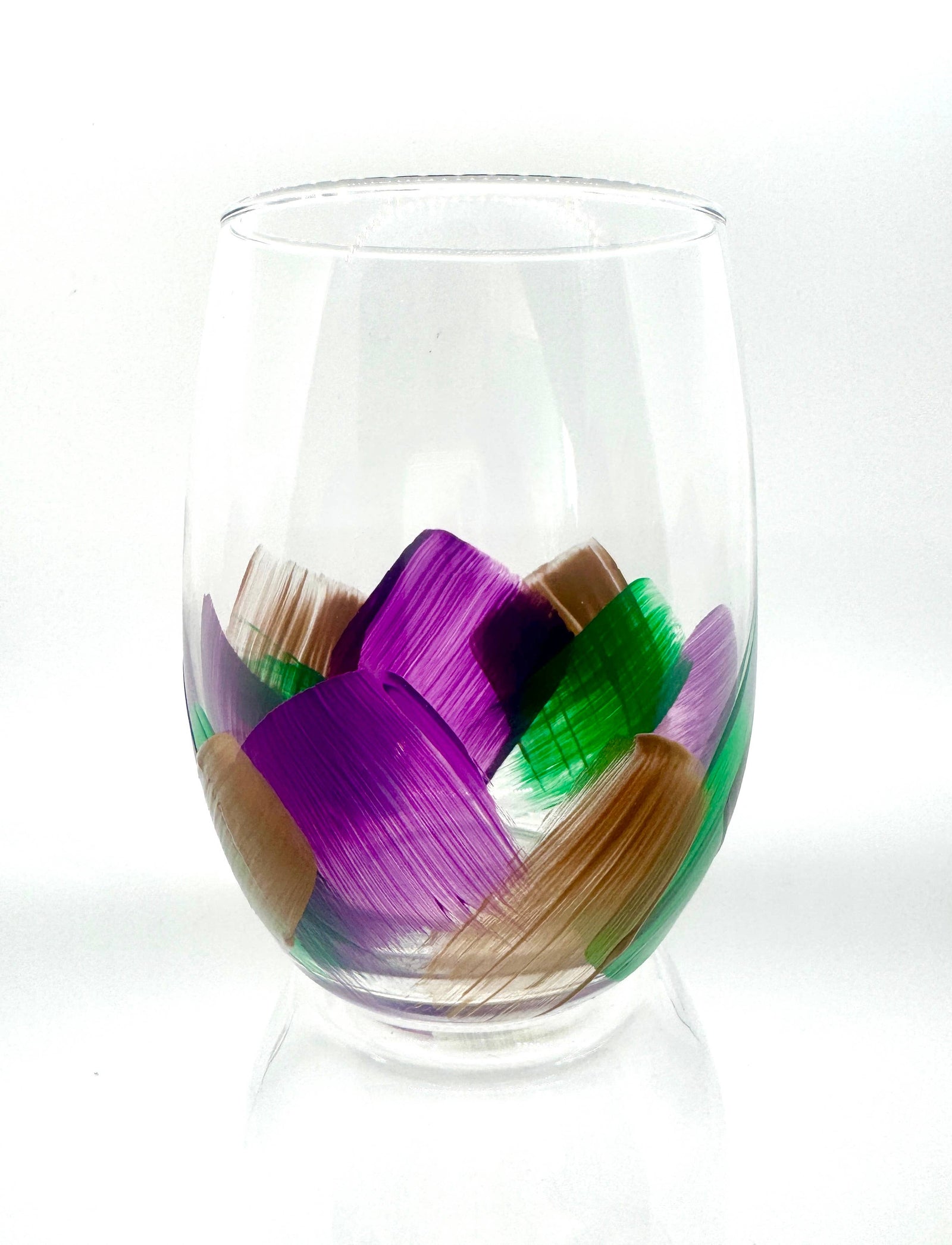 Hand-Painted Stemless Wine Glass- Mardi Gras