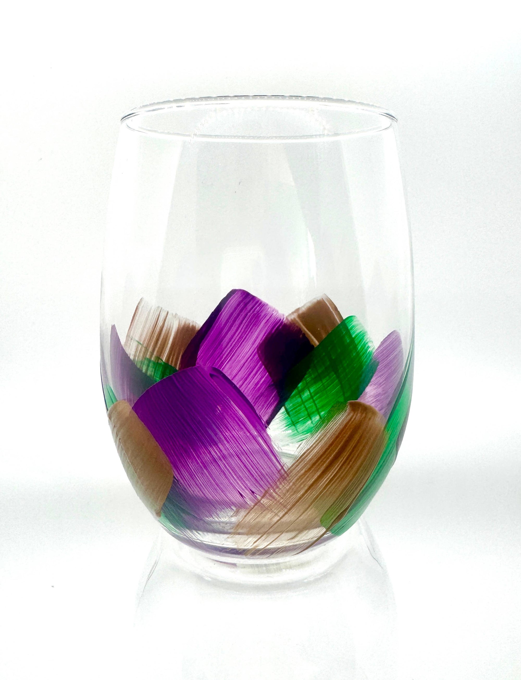 Hand-Painted Stemless Wine Glass- Mardi Gras