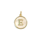 Gold mother of pearl pendant with letter 'E' on a white background