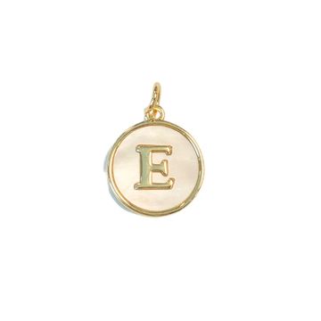 Gold mother of pearl pendant with letter 'E' on a white background