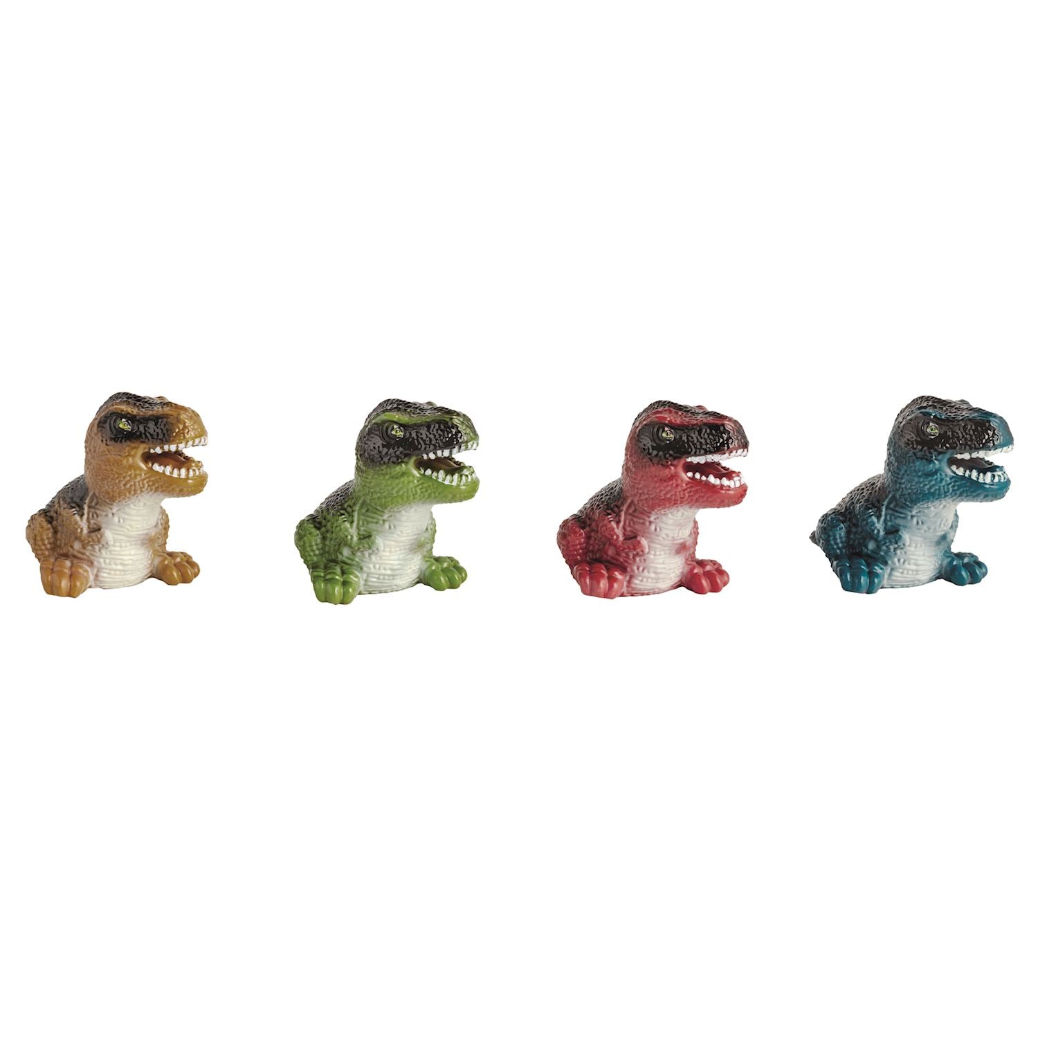Four small dinosaur finger puppets in brown green red and blue
