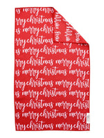 Red hand towel covered in white "merry christmas" script
