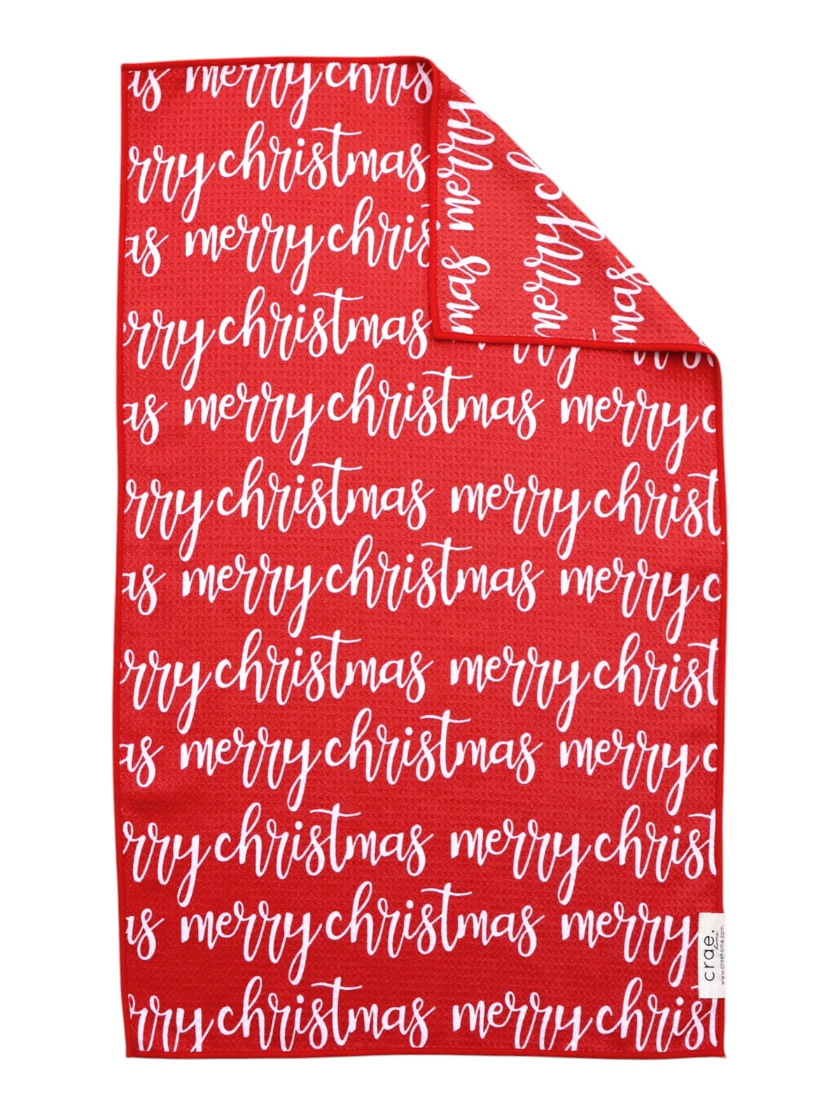 Red hand towel covered in white "merry christmas" script