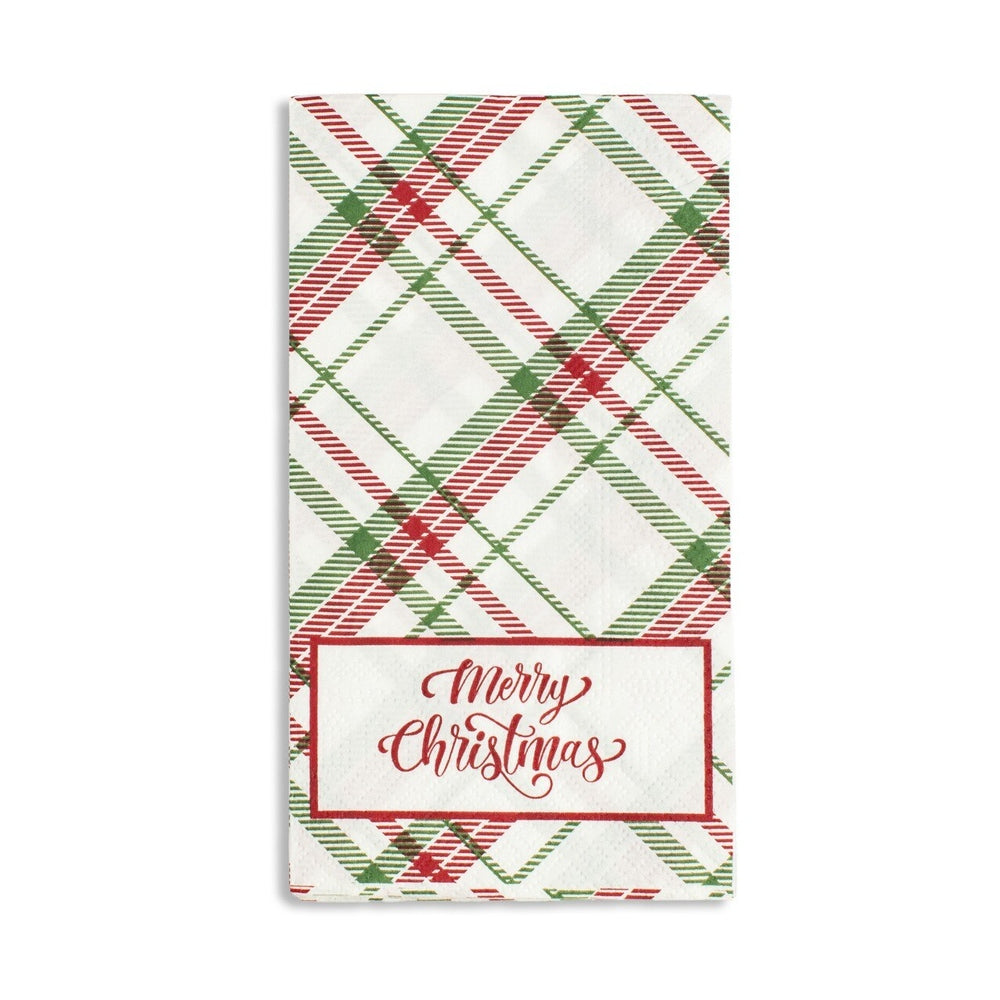White paper napkin with red and green plaid pattern and Merry Christmas text in a red rectangular border