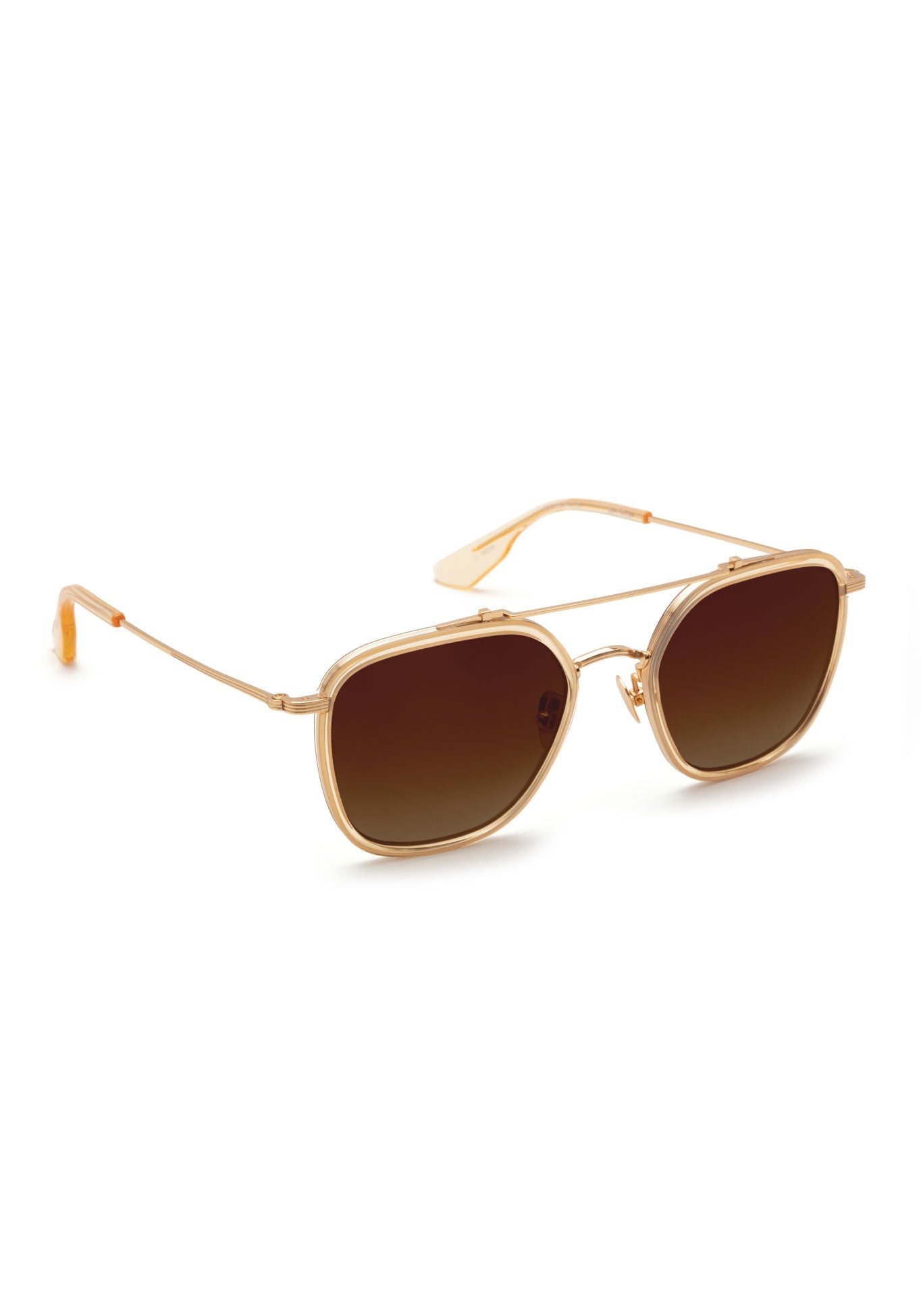 gold aviator sunglasses with brown lenses on a white background