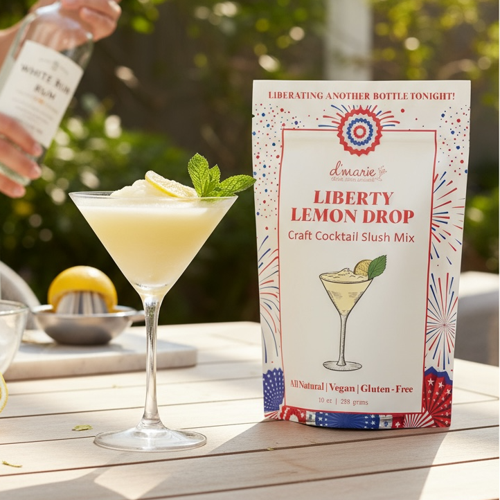 Liberty Lemon Drop cocktail mix box with a cocktail and lemon on a table outdoors.